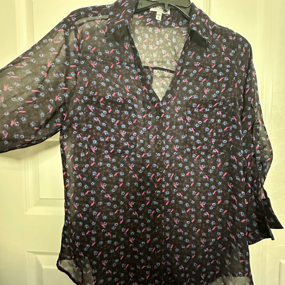 Express Sheer Black Notched Collar Blouse